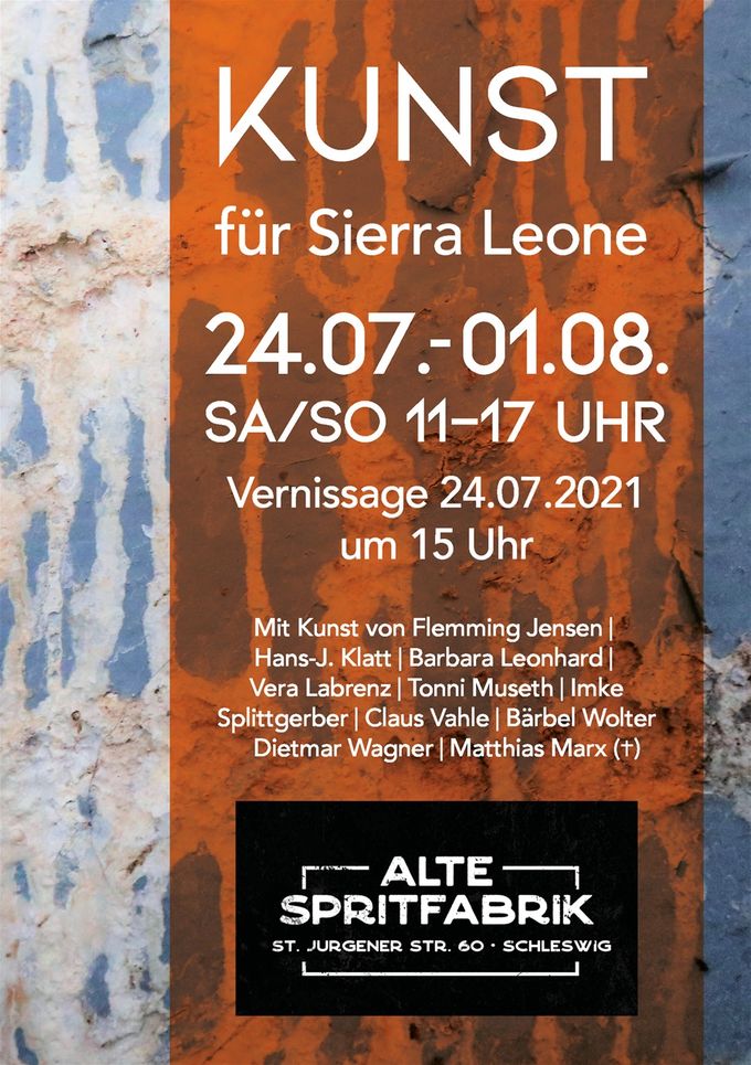 Der Auftakt der diesjährigen Ausstellungen in der Alten Spritfabrik in Schleswig ist eine Benefizkunstausstellung zugunsten eines Dorfentwicklungsprojekts in Sierra Leone ( bitte genauere Informationen unter dem Reiter PROJEKTE nachlesen).